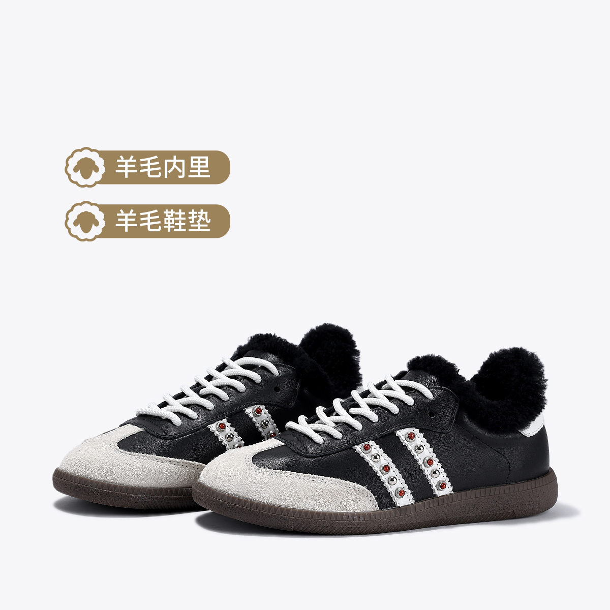 12707626.BellaLily2025冬季新款复古羊毛加绒德训鞋女经典牛皮休闲板鞋潮