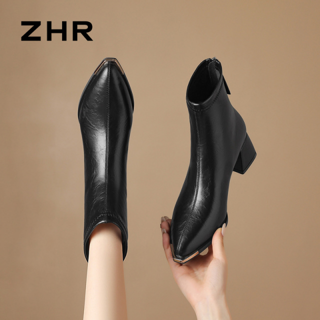 12736835.【ZHR则则】短靴尖头后拉链粗跟女鞋[PU]