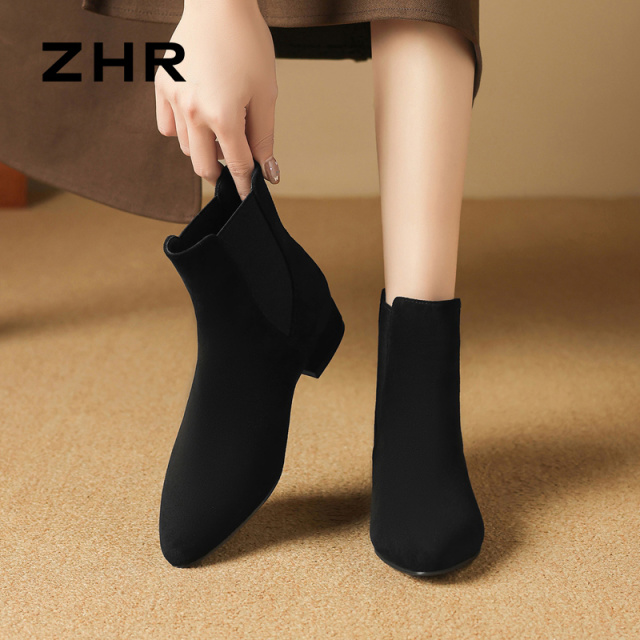 12736899.【ZHR则则】切尔西靴圆头套脚粗跟女鞋[羊京绒+松紧带]