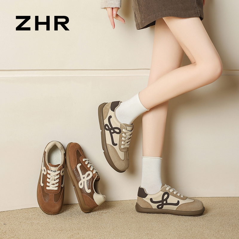 13835580.【ZHR则则】德训鞋圆头系带拼色平底女鞋[PU+牛纤绒]