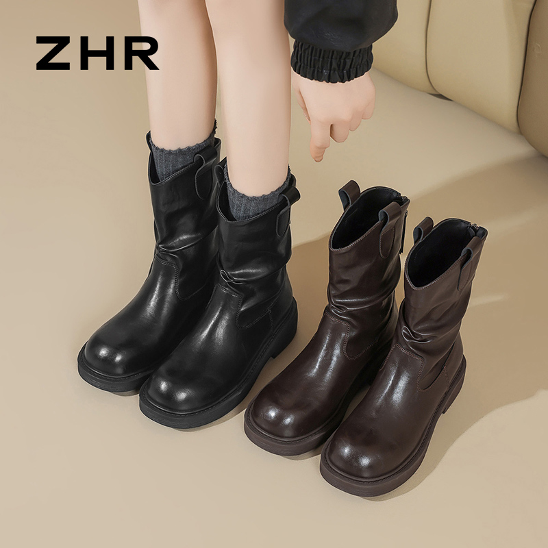 12736905.【ZHR则则】短靴圆头后拉链厚底女鞋[PU]