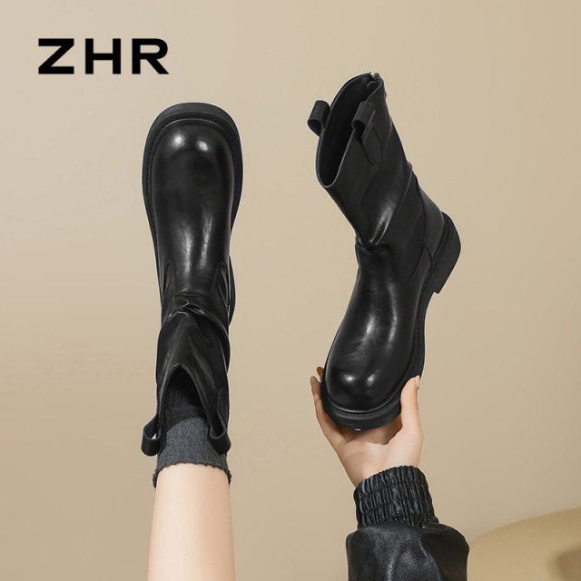 12736905.【ZHR则则】短靴圆头后拉链厚底女鞋[PU]