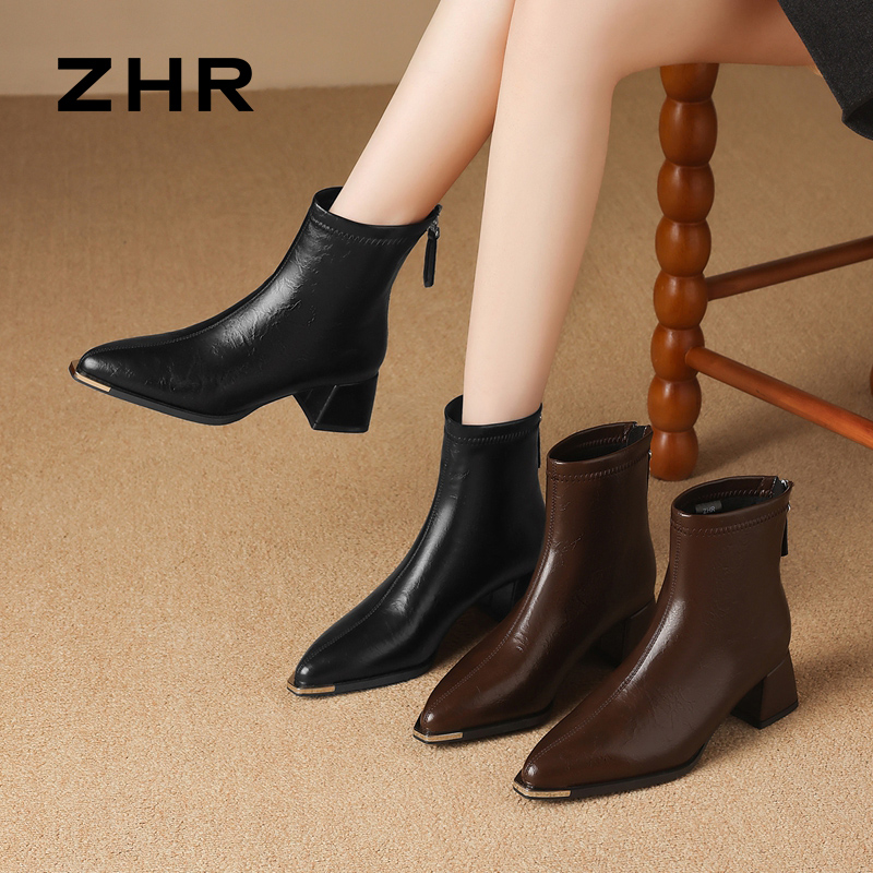 12736835.【ZHR则则】短靴尖头后拉链粗跟女鞋[PU]