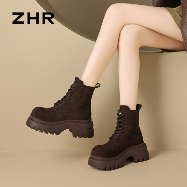13835585.【ZHR则则】工装靴圆头系带锯齿厚底女鞋[牛纤绒]