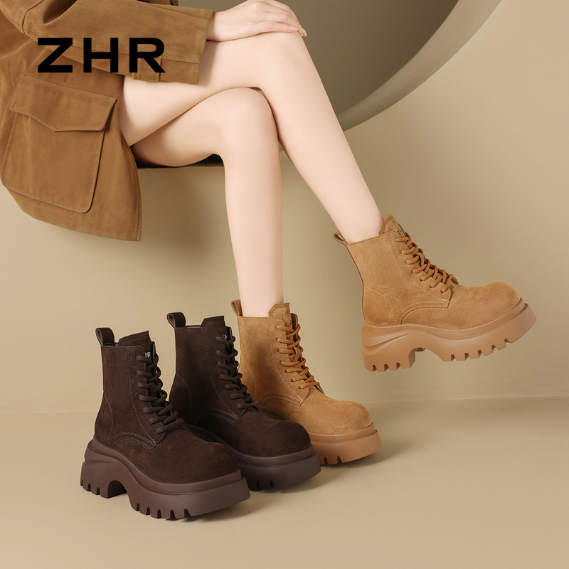 13835585.【ZHR则则】工装靴圆头系带锯齿厚底女鞋[牛纤绒]