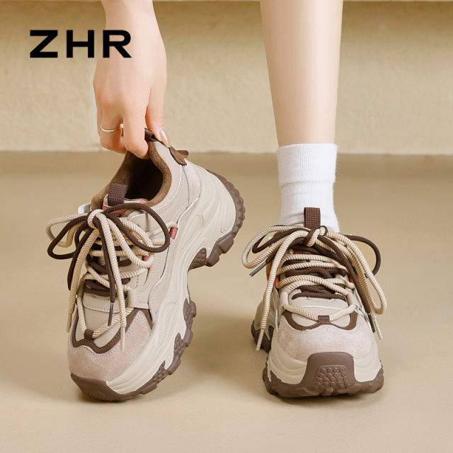 12736911.【ZHR则则】内增高老爹鞋圆头系带厚底女鞋[PU+头层猪皮]