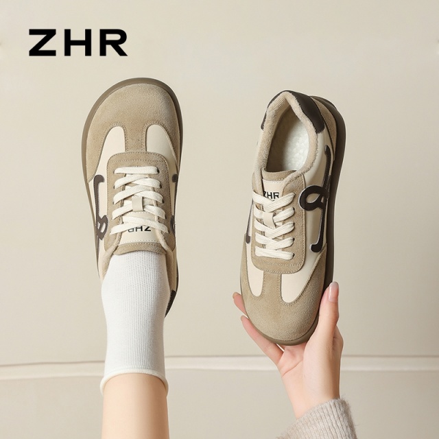 13835580.【ZHR则则】德训鞋圆头系带拼色平底女鞋[PU+牛纤绒]