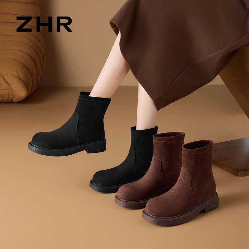 12736876.【ZHR则则】弹力靴/袜靴圆头套脚厚底女鞋[羊京绒]