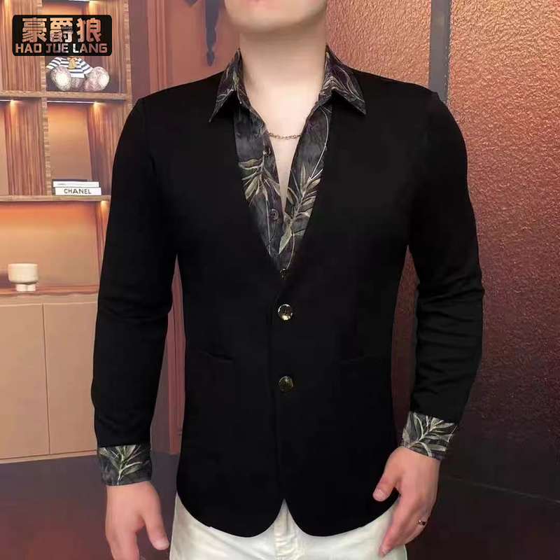 12712765.长袖衬衫假两件秋季百搭男士个性时尚修身秋韩版商务潮流轻奢网红