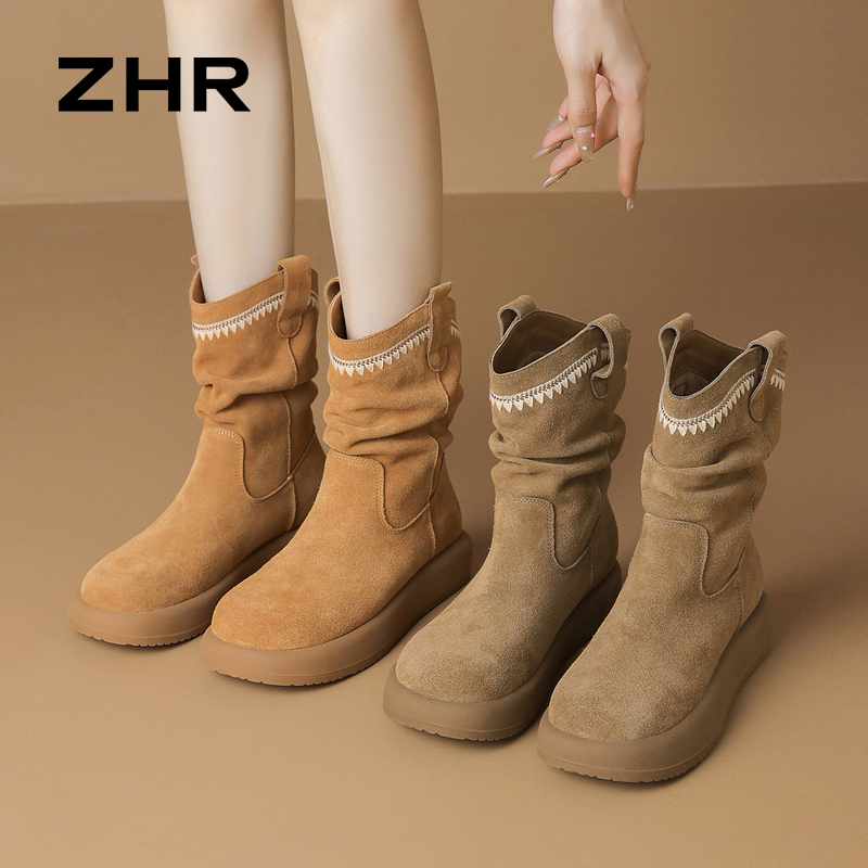 12736731.【ZHR则则】平底短靴圆头套脚平底女鞋[牛剖层绒面革]