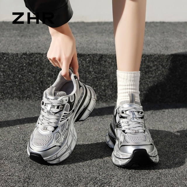 13836169.【ZHR则则】老爹鞋系带圆头厚底女鞋[PU+网布]