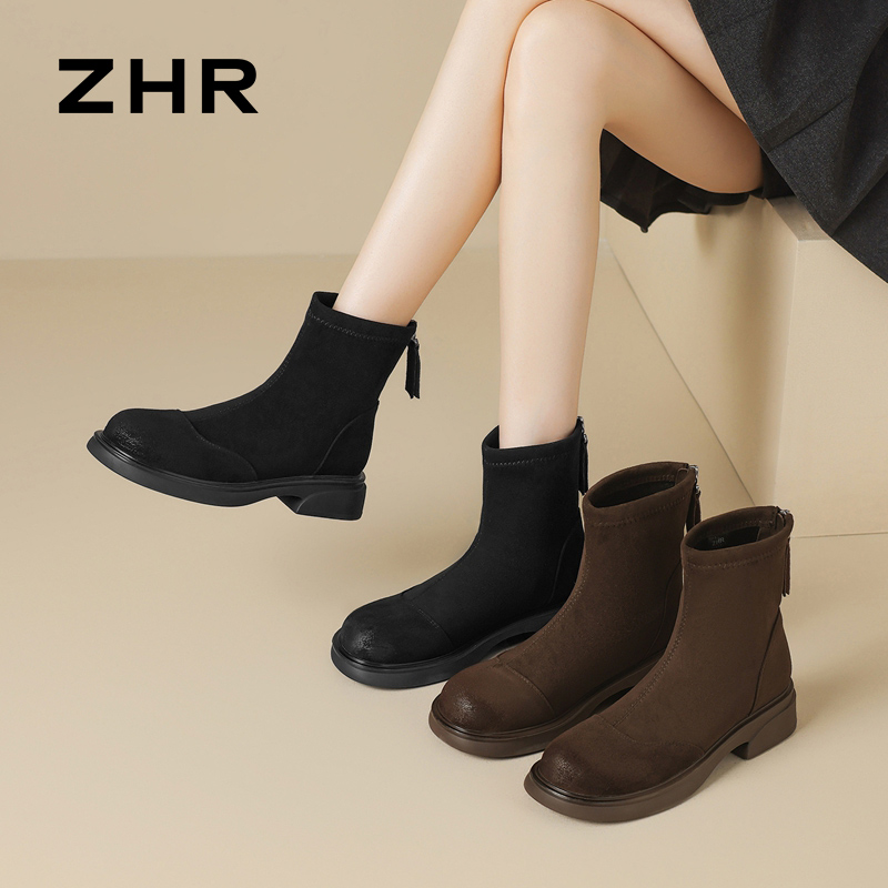 12736759.【ZHR则则】弹力靴圆头后拉链厚底女鞋[羊京绒]