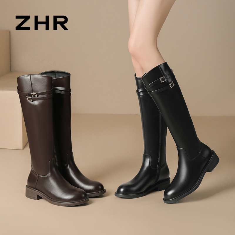 12736781.【ZHR则则】长筒靴圆头侧拉链厚底女鞋[PU]