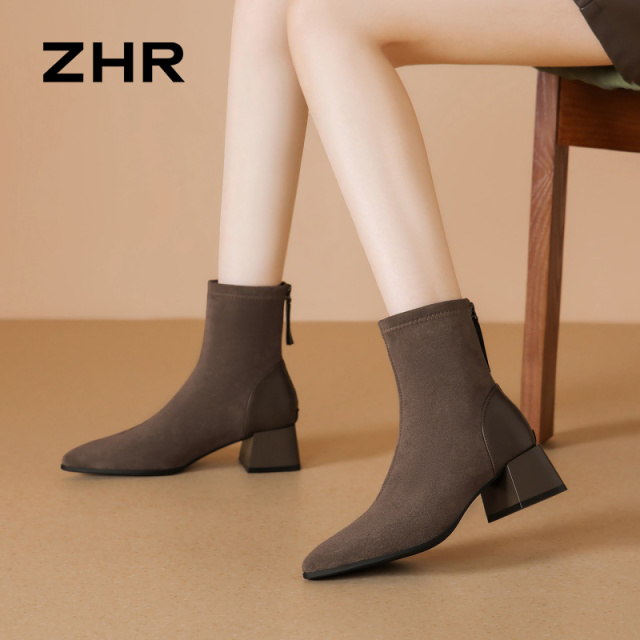 12736660.【ZHR则则】粗跟短靴尖头后拉链粗跟女鞋[绒布+PU]