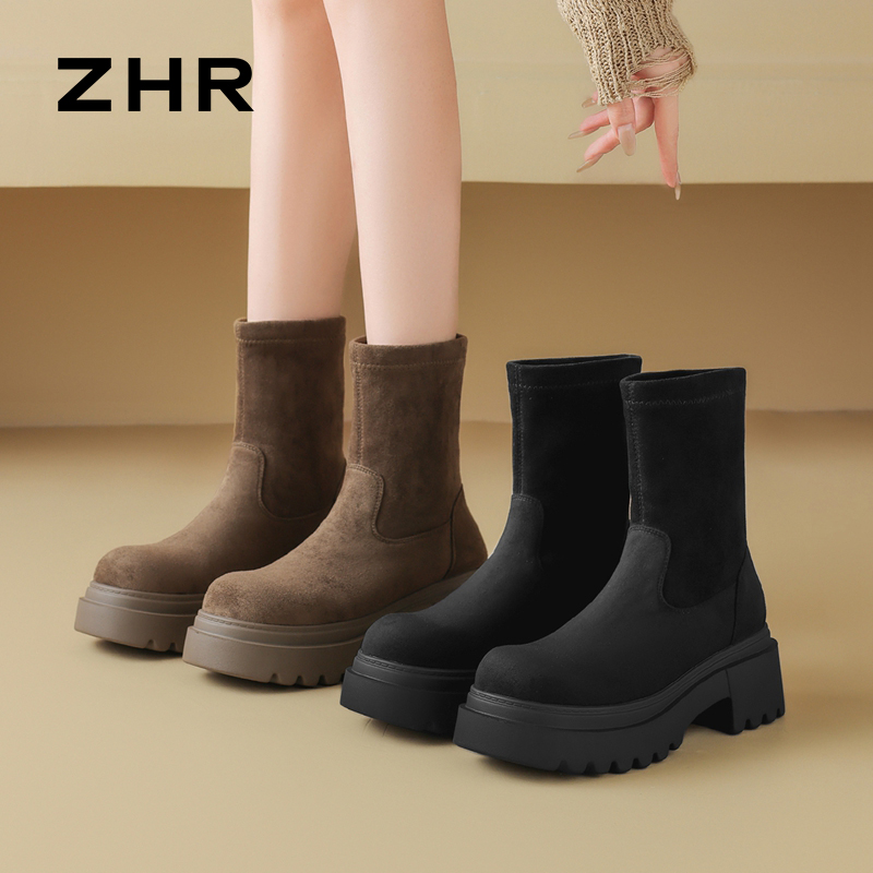 13836180.【ZHR则则】弹力靴圆头套脚厚底女鞋[羊猄绒]