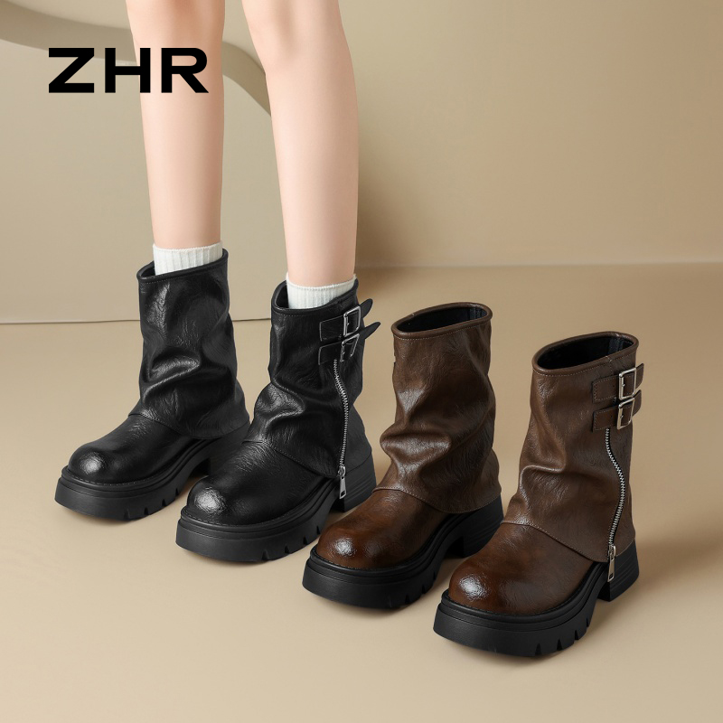 13836132.【ZHR则则】厚底短靴圆头套脚锯齿厚底女鞋[PU]