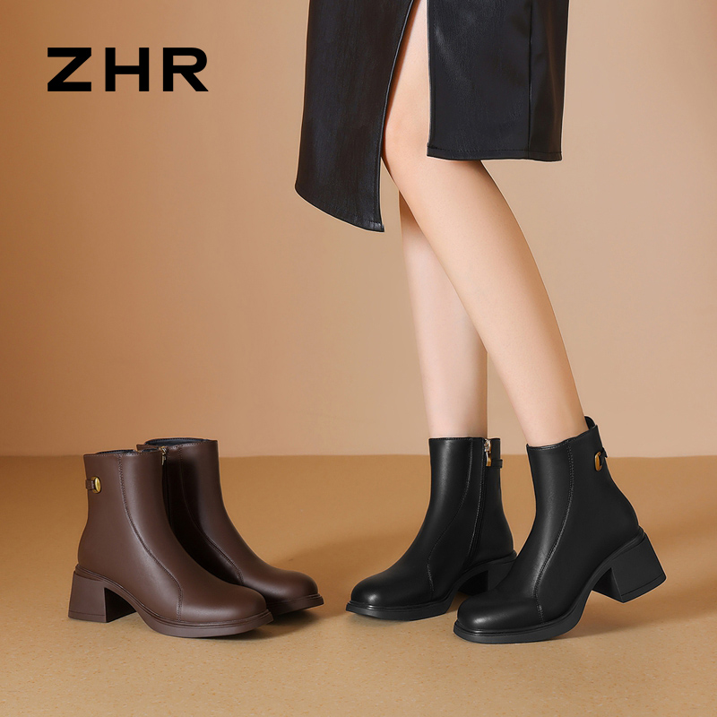 13835636.【ZHR则则】粗跟短靴圆头侧拉链粗跟女鞋[PU]