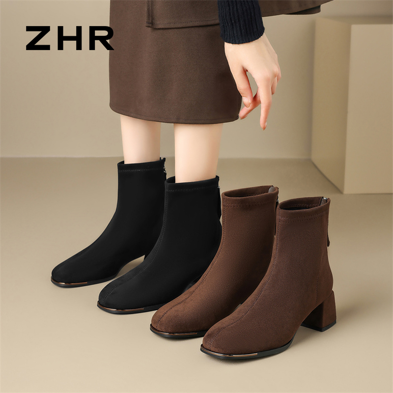 13835996.【ZHR则则】粗跟短靴圆头后拉链粗跟女鞋[羊猄绒]