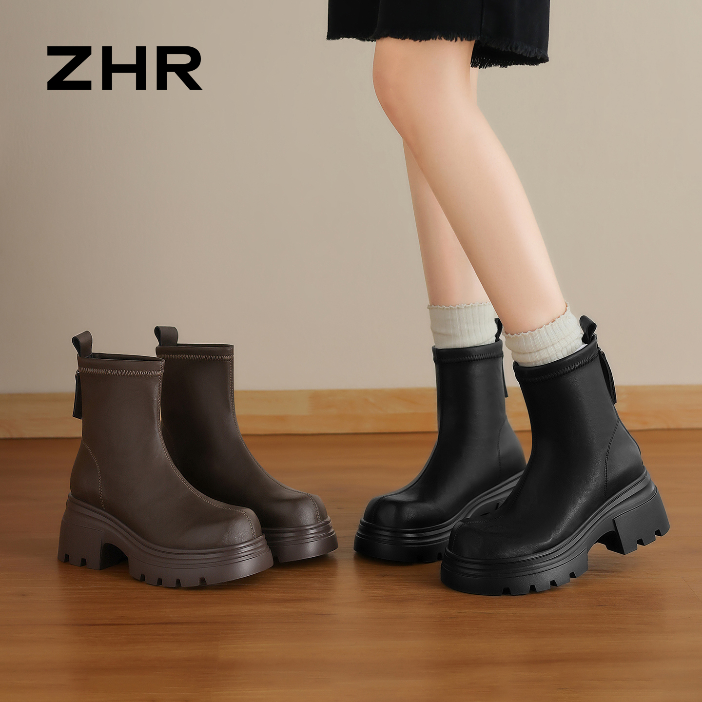 13835628.【ZHR则则】厚底短靴圆头后拉链锯齿厚底女鞋[PU]
