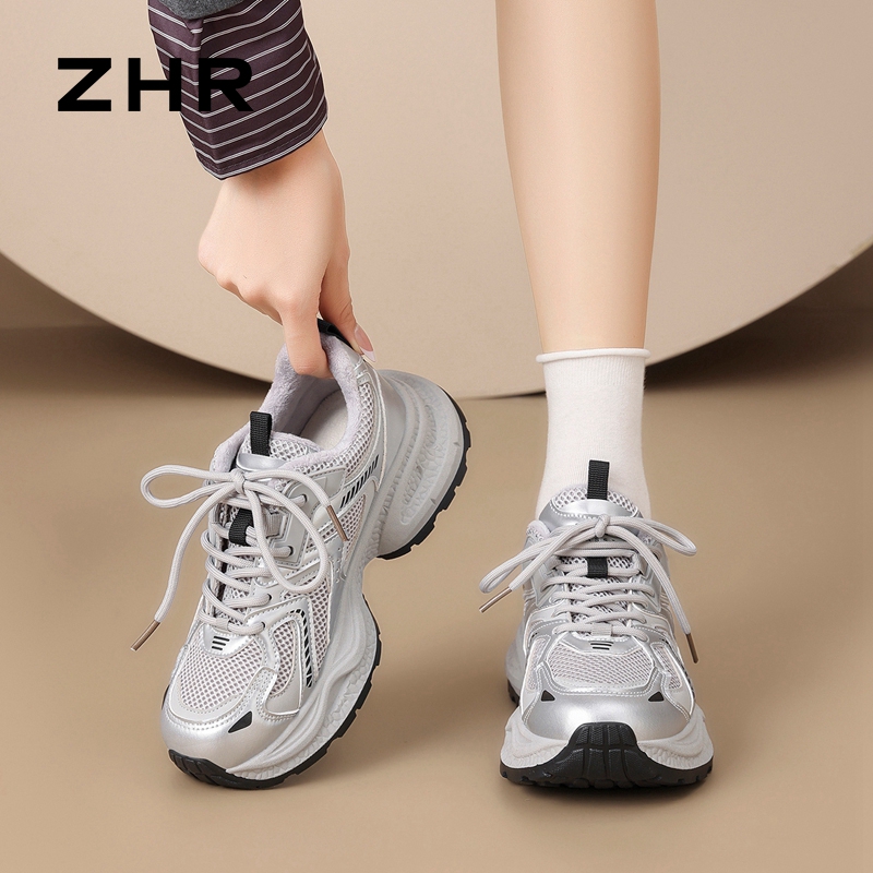 12736741.【ZHR则则】老爹鞋圆头系带厚底女鞋[PU+网布]