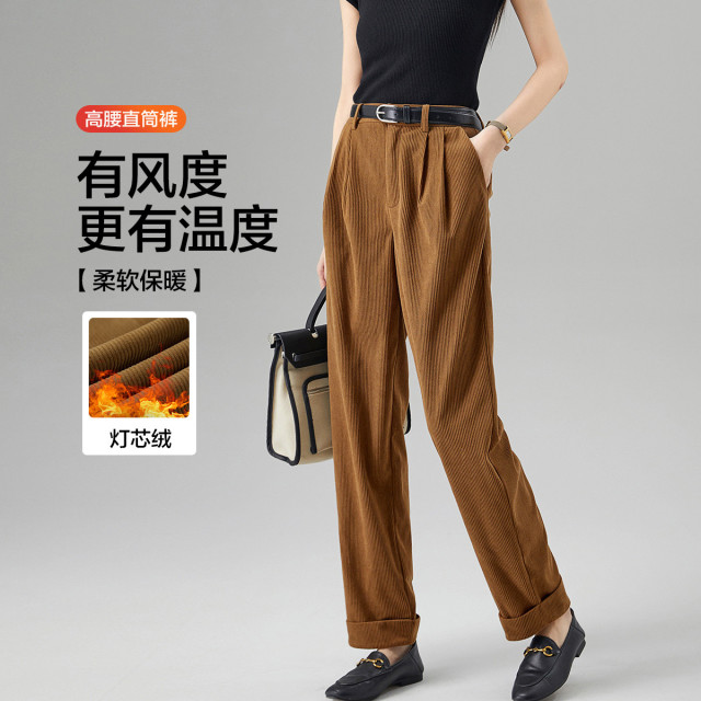 12725341.【保暖灯芯绒潮裤】冬季立体高腰直筒藏肉长裤翻边女裤休闲裤子女