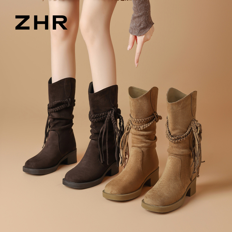 13835622.【ZHR则则】粗跟短靴圆头编织套脚粗跟女鞋[羊京绒]