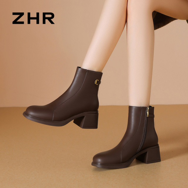 13835636.【ZHR则则】粗跟短靴圆头侧拉链粗跟女鞋[PU]