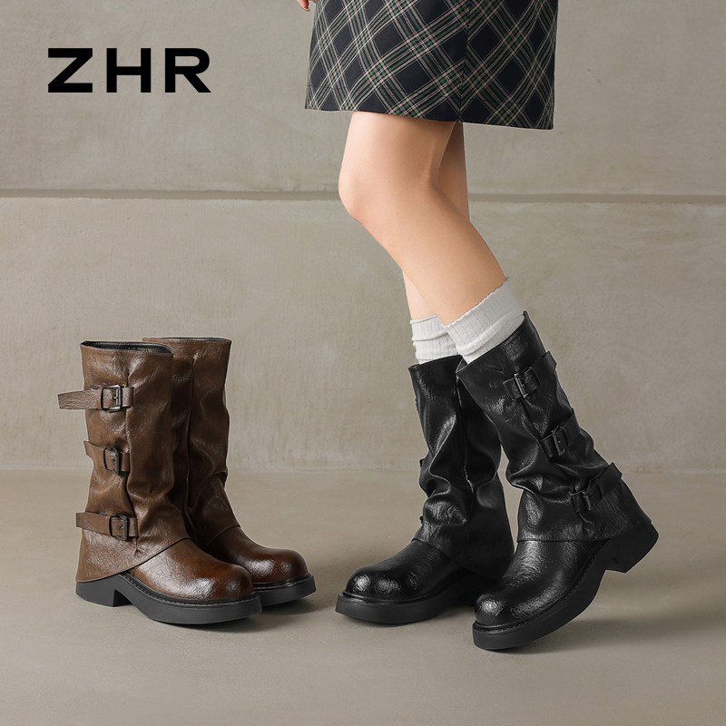 13795664.【ZHR则则】长筒靴圆头套脚搭扣厚底女鞋[PU]