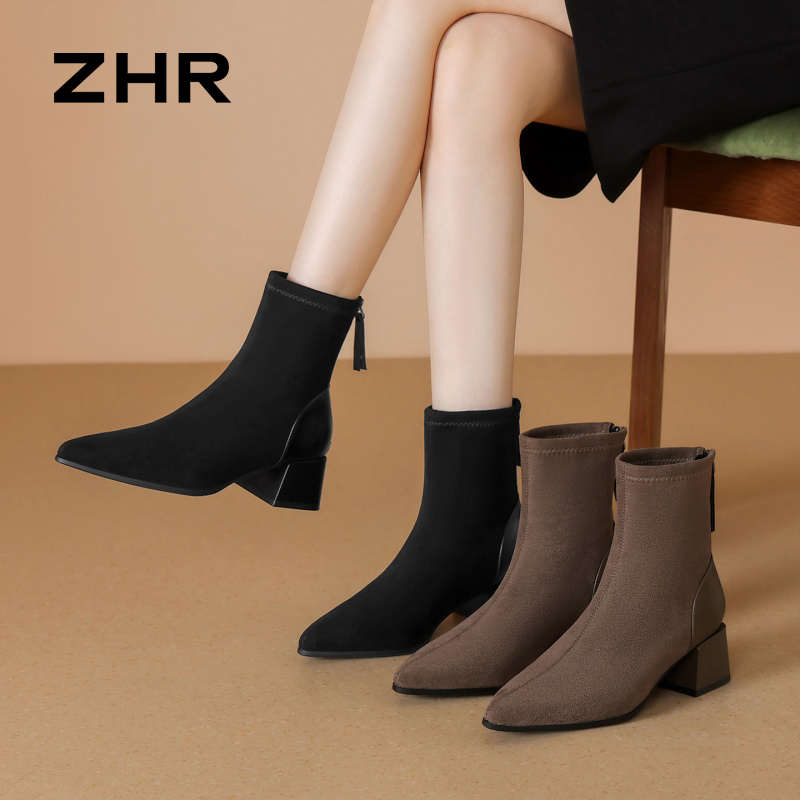12736660.【ZHR则则】粗跟短靴尖头后拉链粗跟女鞋[绒布+PU]