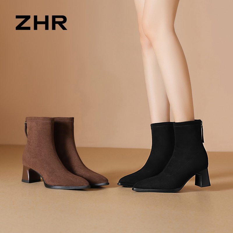 12736696.【ZHR则则】粗跟短靴尖头后拉链粗跟女鞋[绒布]
