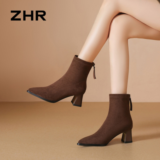 12736696.【ZHR则则】粗跟短靴尖头后拉链粗跟女鞋[绒布]