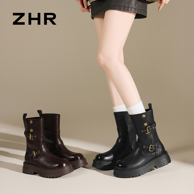 12736689.【ZHR则则】厚底短靴圆头套脚厚底女鞋[PU]