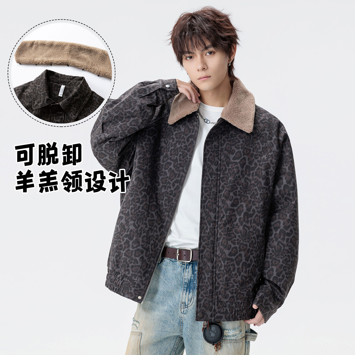 12721568.衣仕梵秋冬新款男式豹纹复古潮牌美式加绒情侣夹克【衣仕梵男装QD】