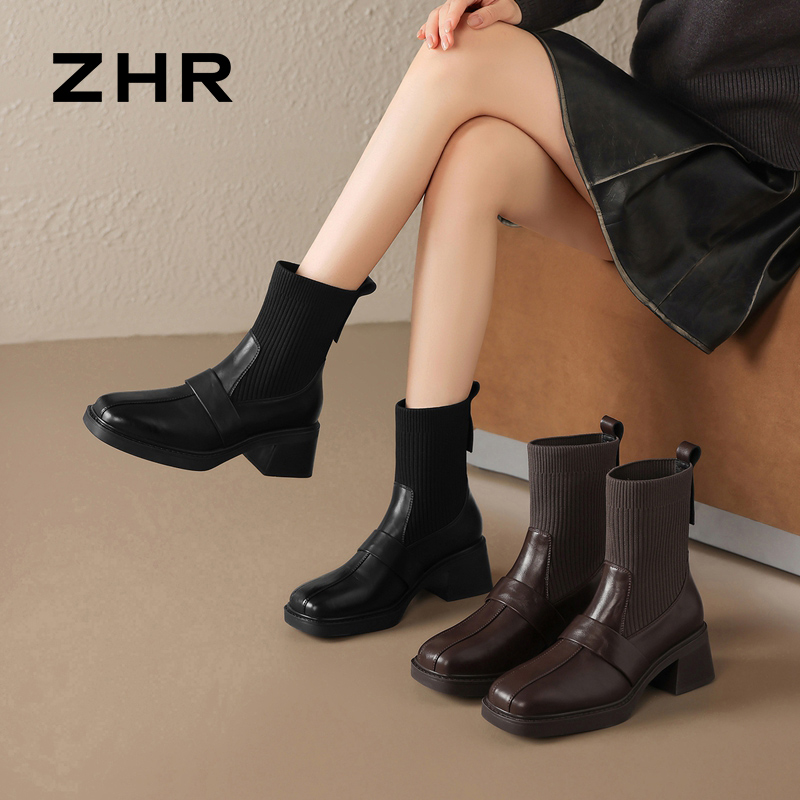 13835625.【ZHR则则】弹力靴圆头松紧套脚粗跟女鞋[PU+飞织布]