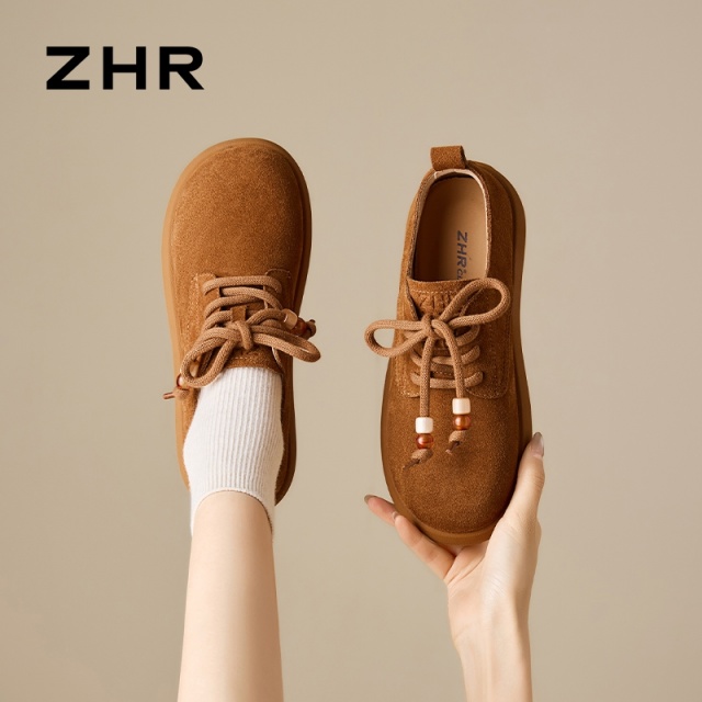 12736819.【ZHR则则】勃肯鞋圆头系带平底女鞋[牛剖层绒面革]