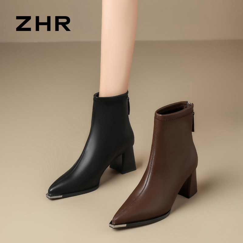 13845386.【ZHR则则】粗跟短靴尖头后拉链粗跟女鞋[PU]