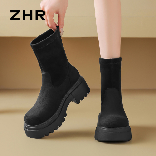 13836180.【ZHR则则】弹力靴圆头套脚厚底女鞋[羊猄绒]