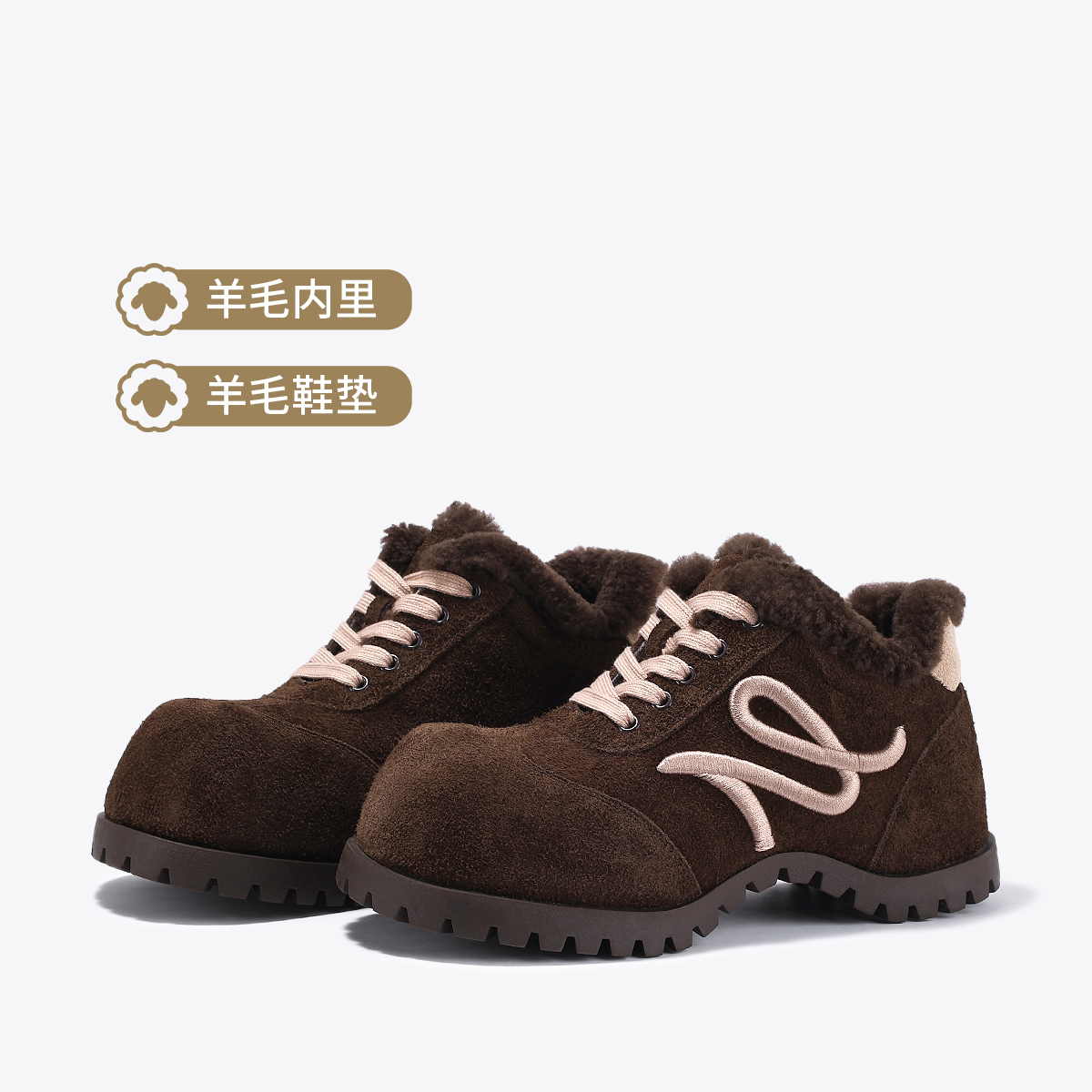 12738422.BellaLily2025冬季新款大头丑萌厚底鞋女牛皮休闲鞋加绒羊毛棉鞋