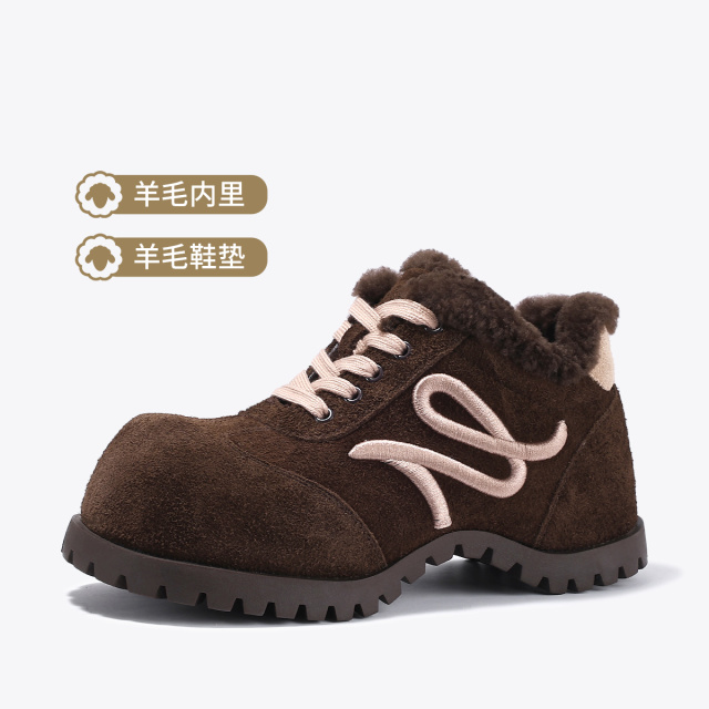 12738422.BellaLily2025冬季新款大头丑萌厚底鞋女牛皮休闲鞋加绒羊毛棉鞋