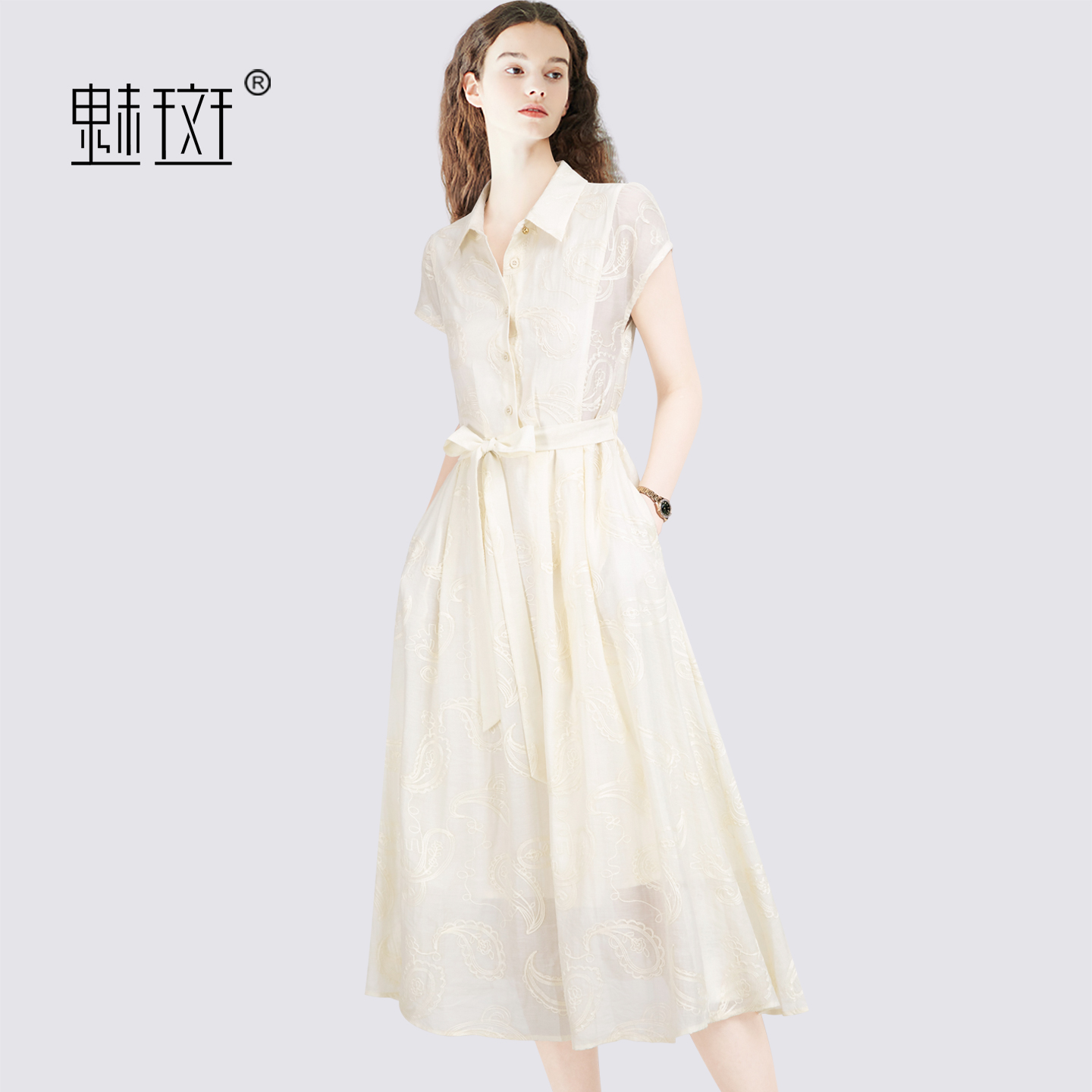 12744873.魅斑重工刺绣Polo领短袖连衣裙衬衫裙裙子