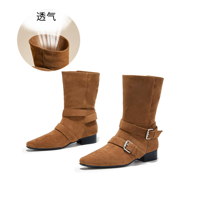 12746522.墨斯本新款复古绒面短靴洋气马丁靴休闲尖头西部牛仔扣带潮流女款12233