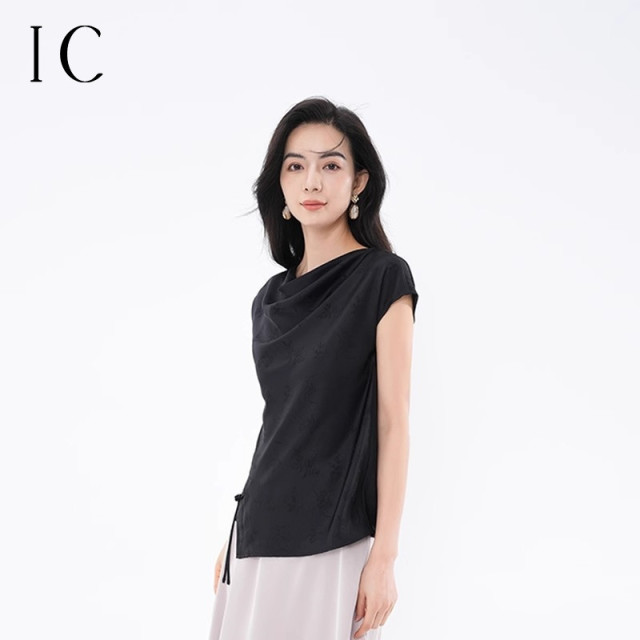 12746532.不对称盘扣荡领短袖衬衣气质女上衣衬衫洋气通勤高端别致小衫