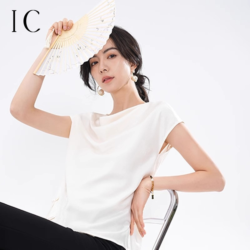 12746532.不对称盘扣荡领短袖衬衣气质女上衣衬衫洋气通勤高端别致小衫