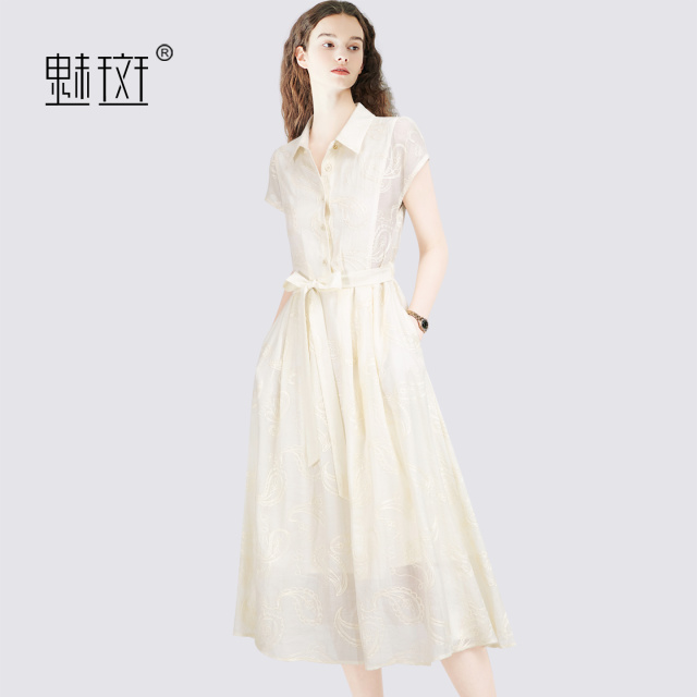 12744873.魅斑重工刺绣Polo领短袖连衣裙衬衫裙裙子