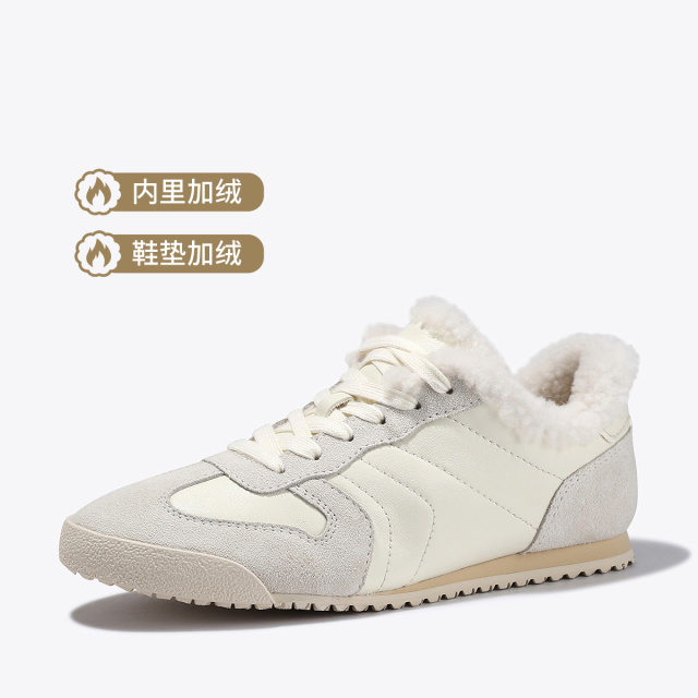 12751966.BellaLily2025冬季新款时尚百搭牛皮小白鞋加绒毛毛棉鞋德训鞋潮