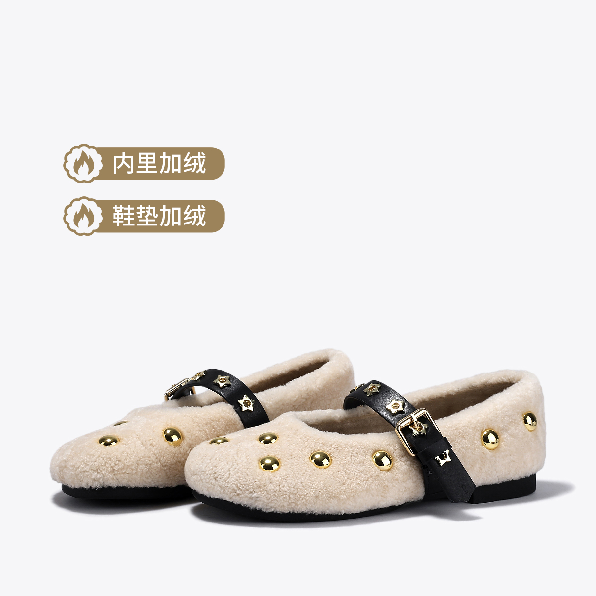 12755134.BellaLily2025冬新款法式少女风平底鞋羊毛保暖浅口单鞋玛丽珍鞋