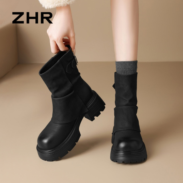 12754809.【ZHR则则】短靴圆头套脚厚底女鞋[PU]