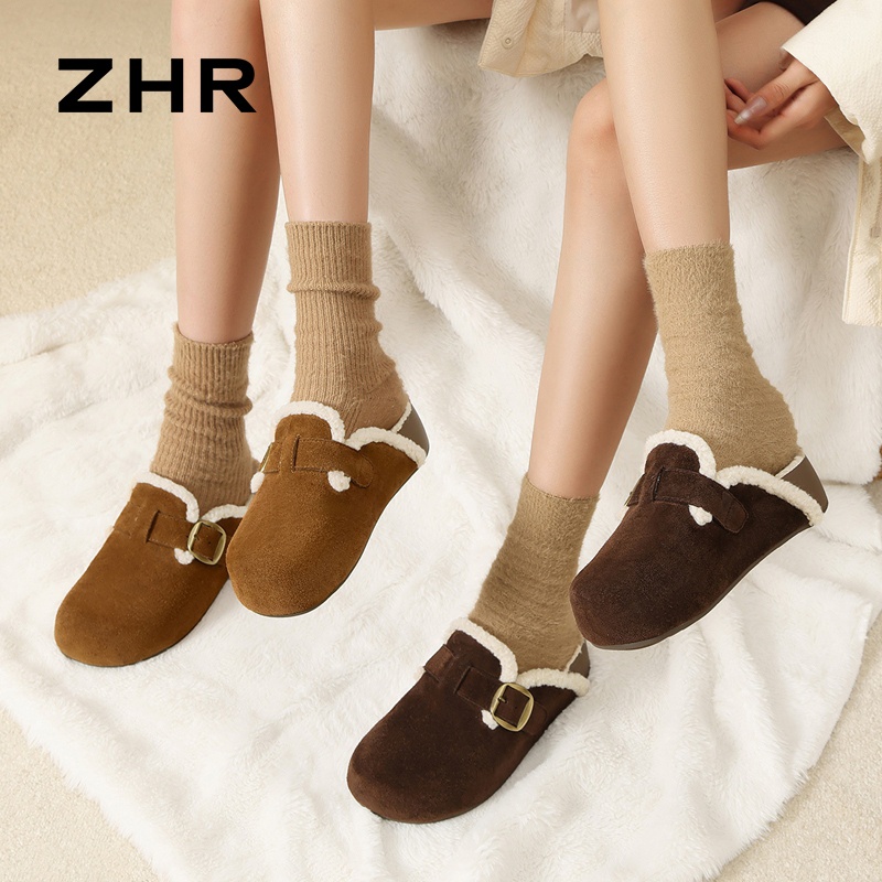 13796800.【ZHR则则】勃肯拖鞋圆头套脚平底女鞋[牛剖层绒面革+仿羊羔毛]