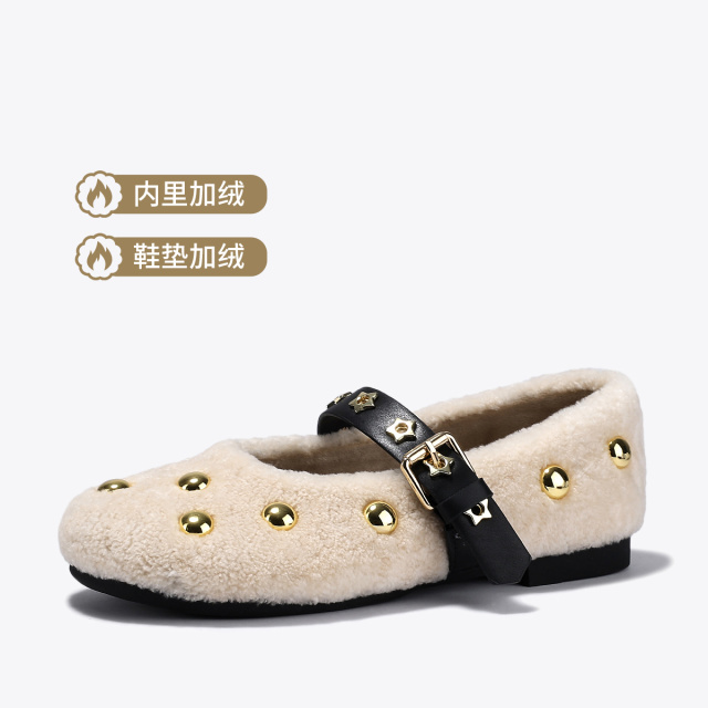 12755134.BellaLily2025冬新款法式少女风平底鞋羊毛保暖浅口单鞋玛丽珍鞋