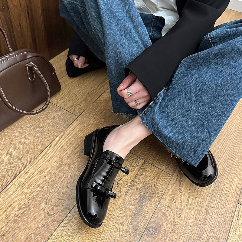 12754115.圆头蝴蝶结装饰粗跟JK少女感小皮鞋乐福鞋